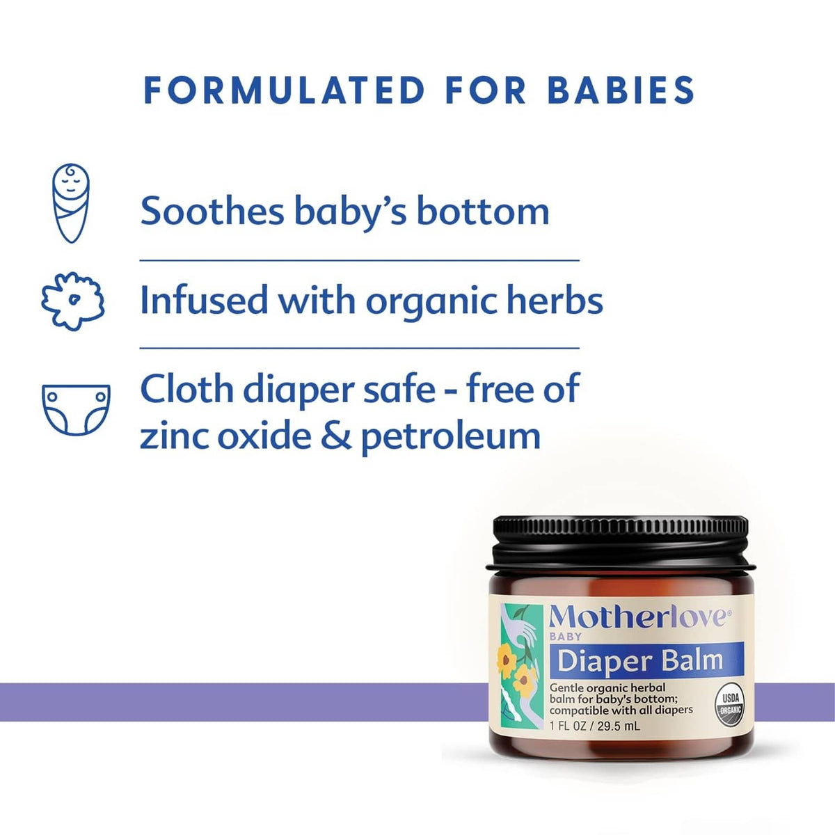 Motherlove diaper balm jar with black lid and brown label on a white background