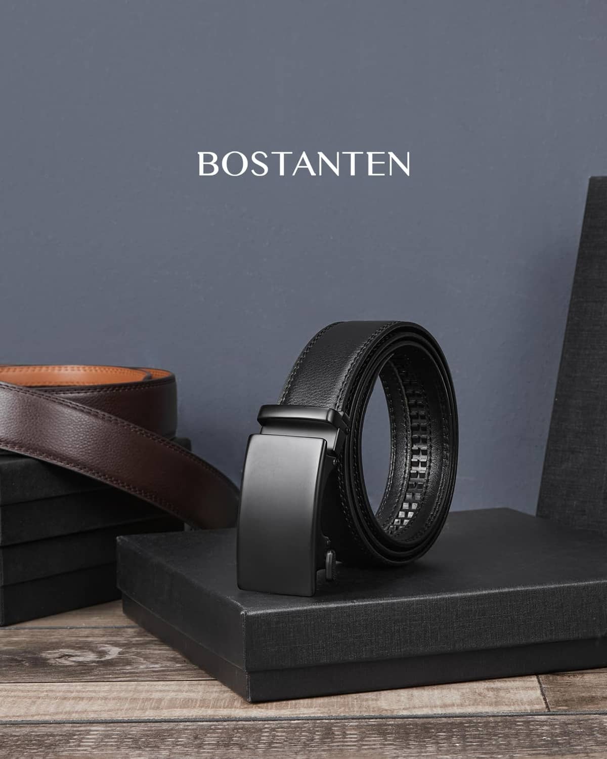 RivetOak BOSTANTEN Ratchet Mens Belt Leather Dress 42"-48" Waist Adjustable, A01-black
