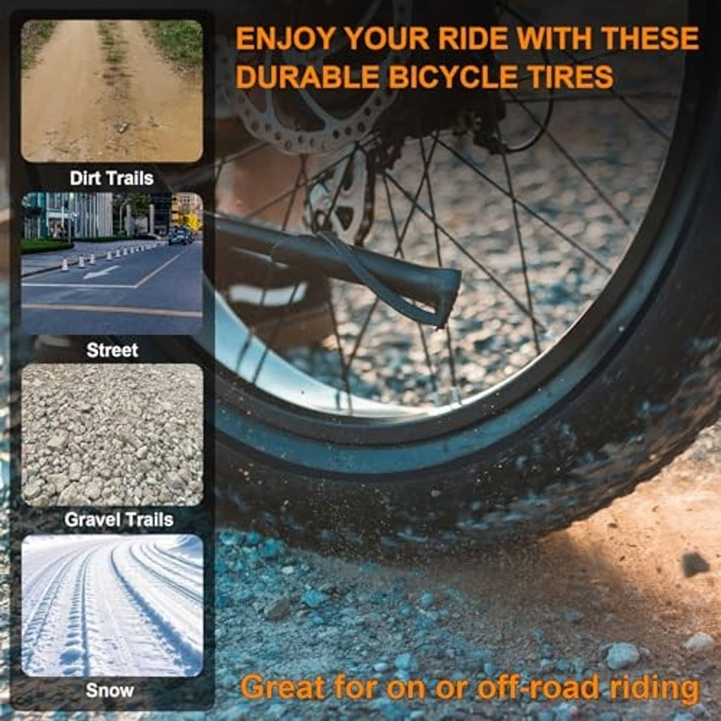 Black fat bike tire on a wheel rolling on a gravel trail