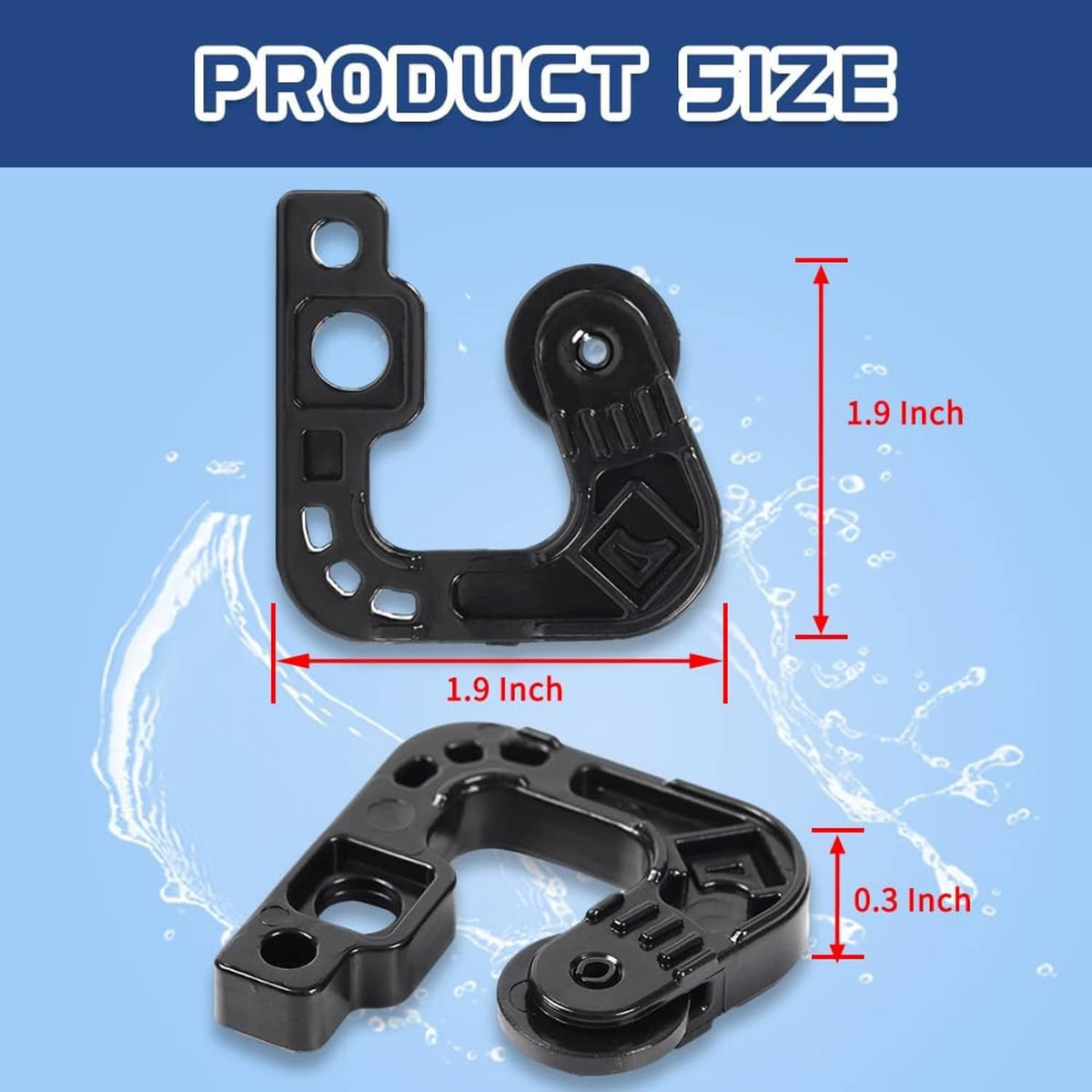 Black refrigerator auto-close lever assembly with curved arm and size markings