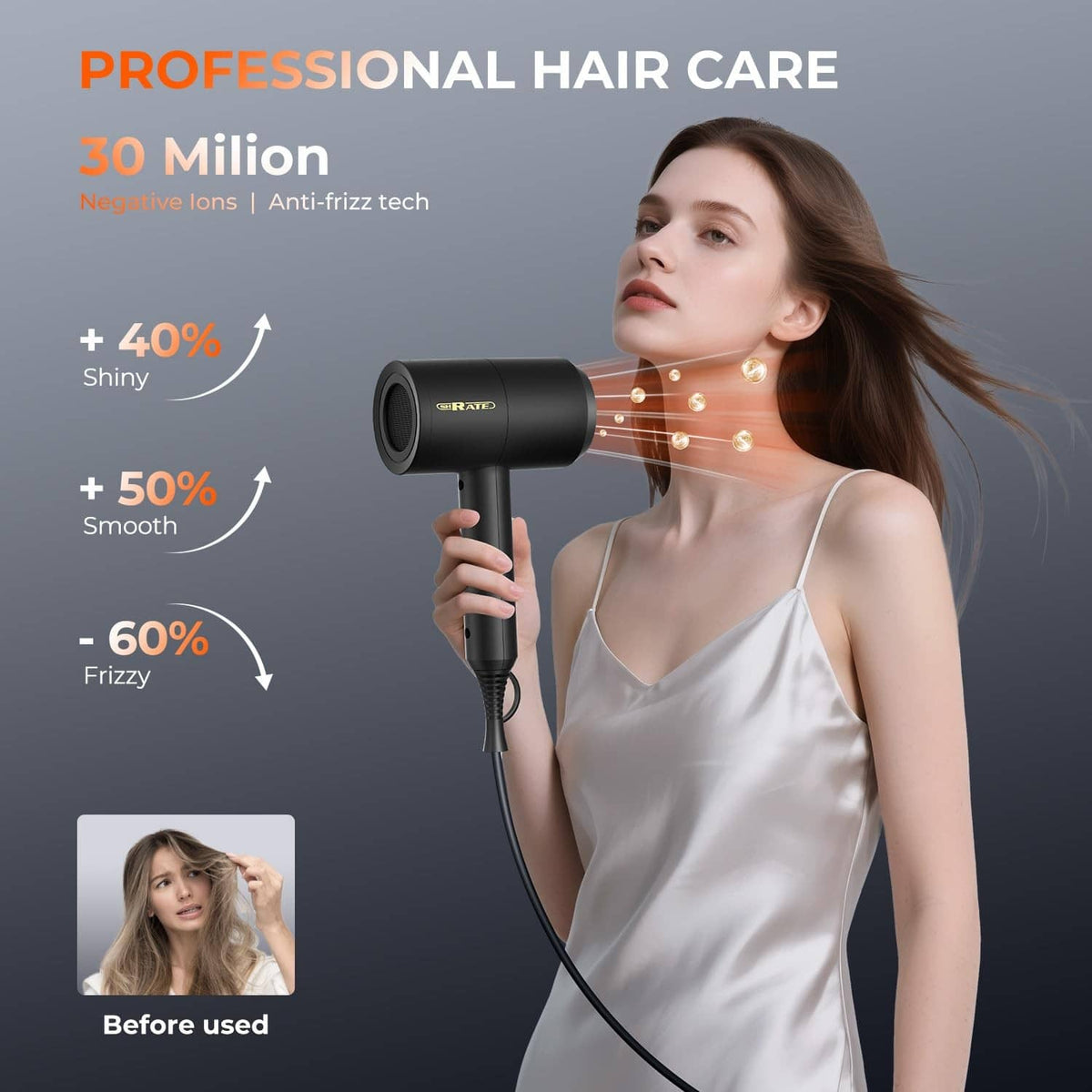 Black SHRATE hair dryer held near hair for blow-drying and styling