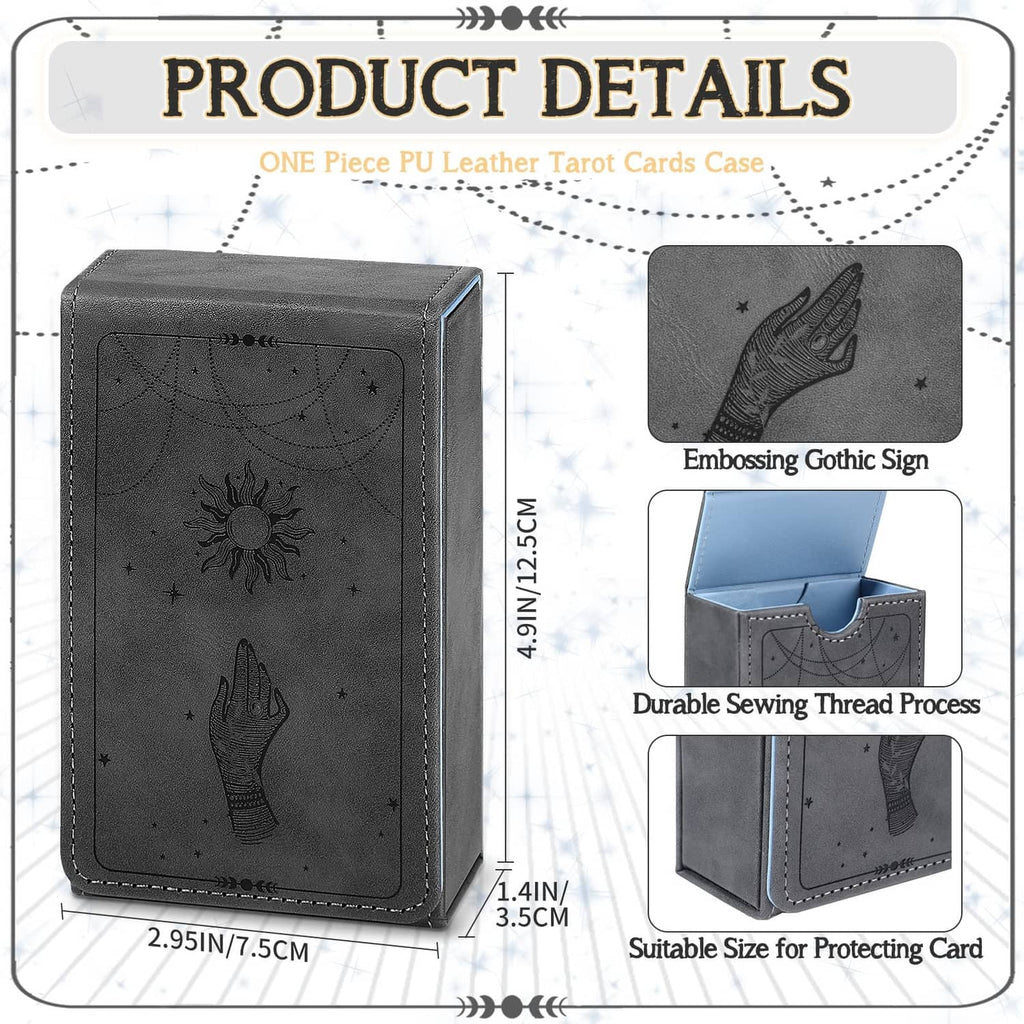 Grey PU leather tarot card case with embossed gothic hand, decorative stitching, zip