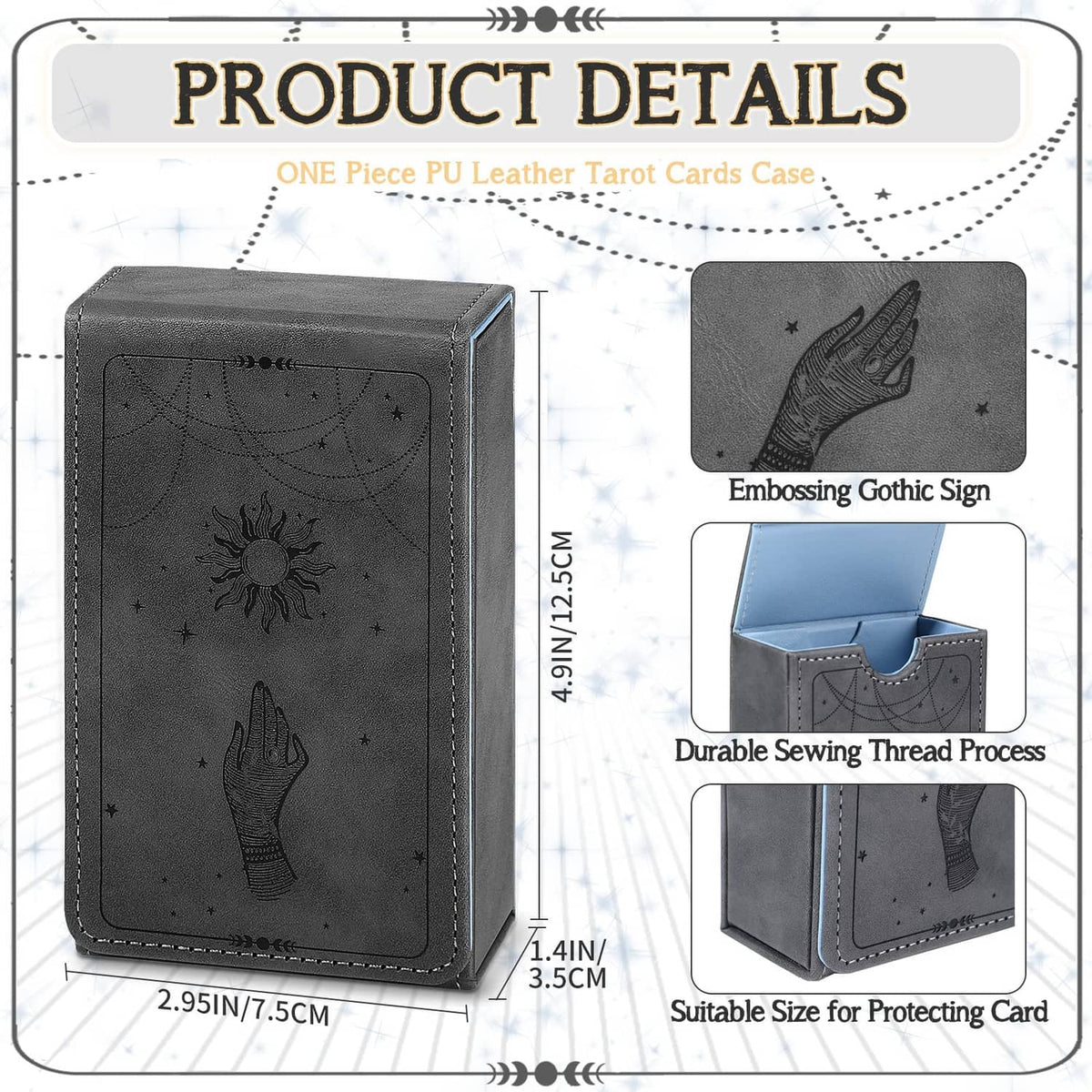 Grey PU leather tarot card case with embossed gothic hand, decorative stitching, zip