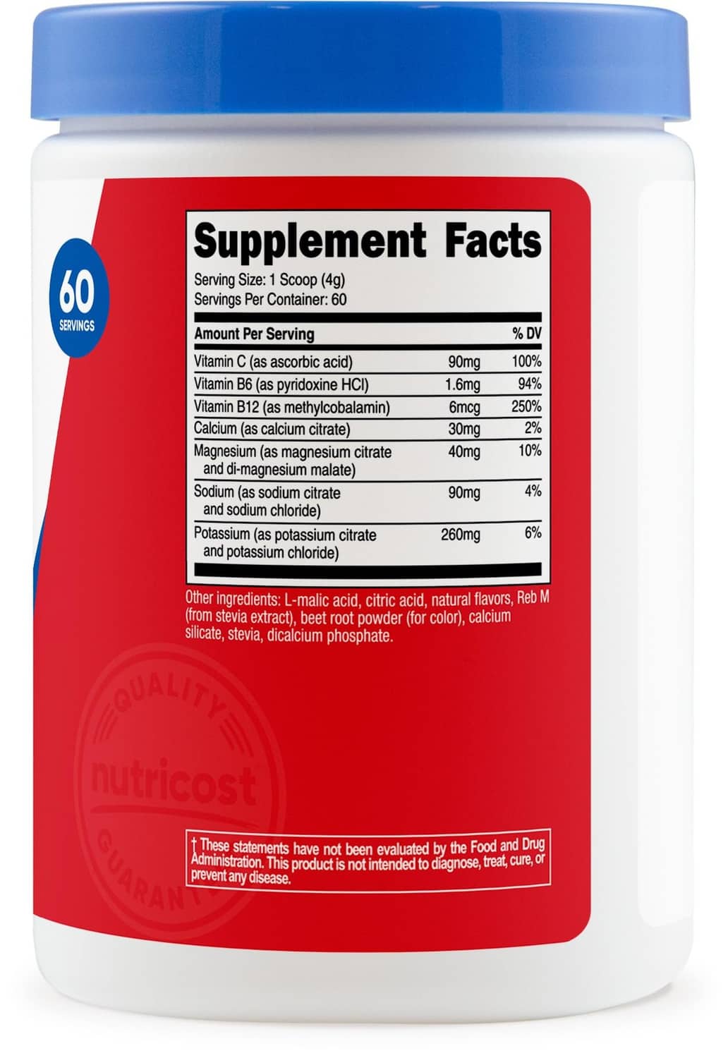 Electrolyte complex powder bottle Supplement Facts label with micronutrient amounts