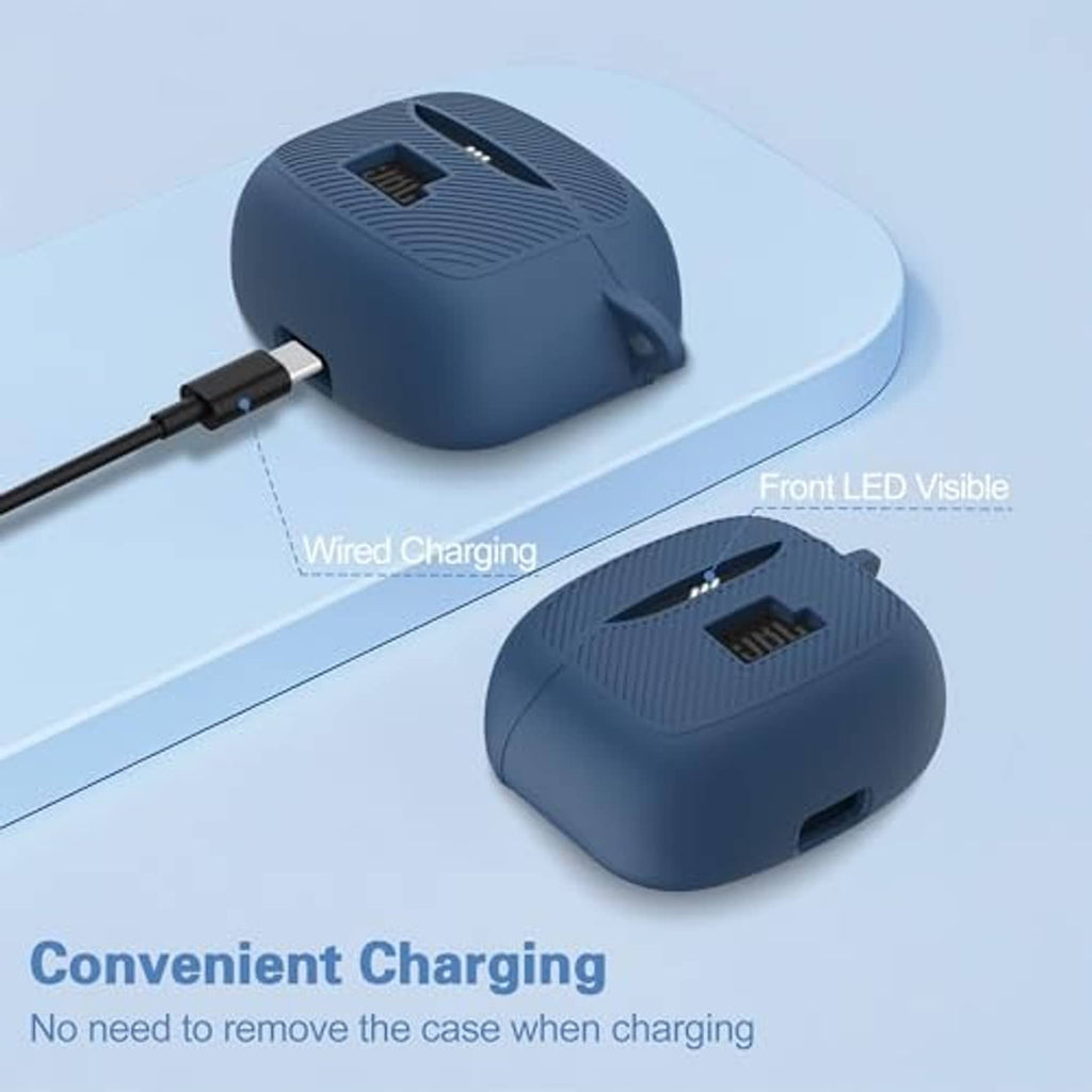 Dark blue silicone earbuds case cover with wired charging port on the bottom