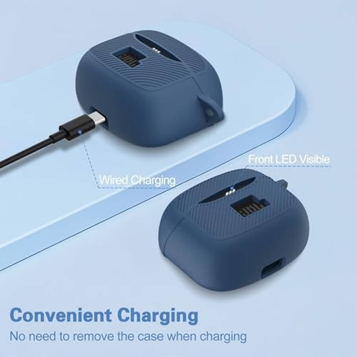 Dark blue silicone earbuds case cover with wired charging port on the bottom