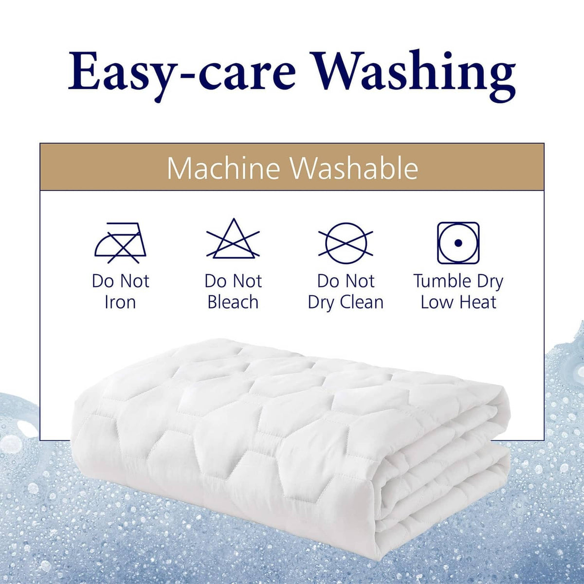 White quilted mattress pad protector, machine washable care icons shown