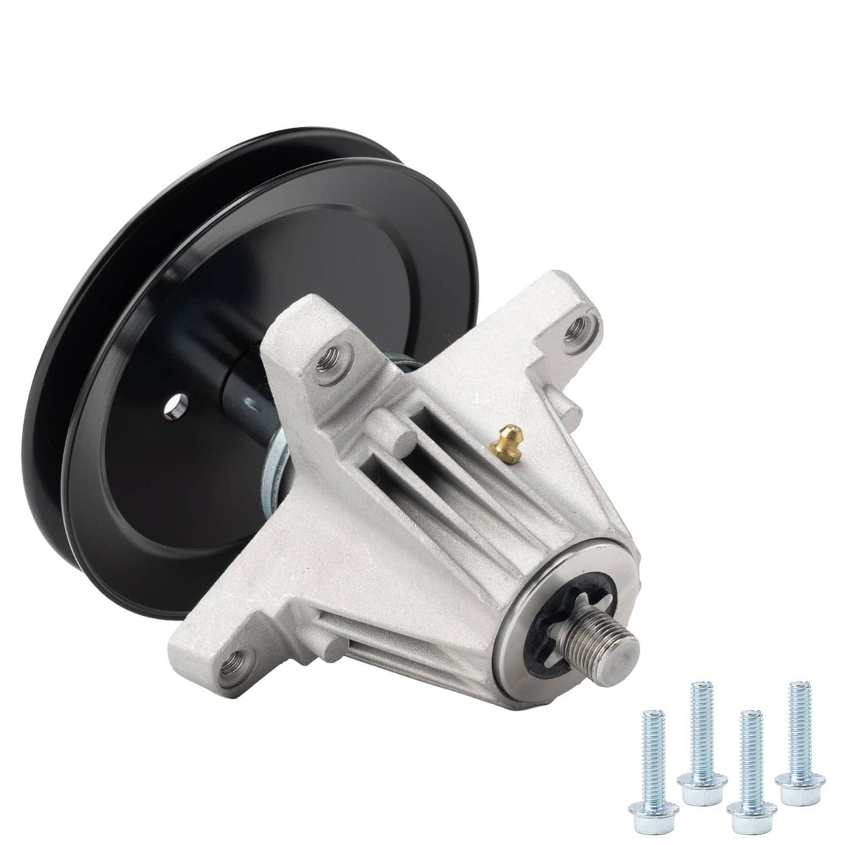 42-inch mower spindle with black pulley, silver housing, mounting bolts included