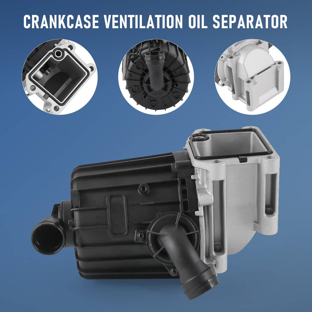 Crankcase ventilation oil separator with black intake hose and silver body.