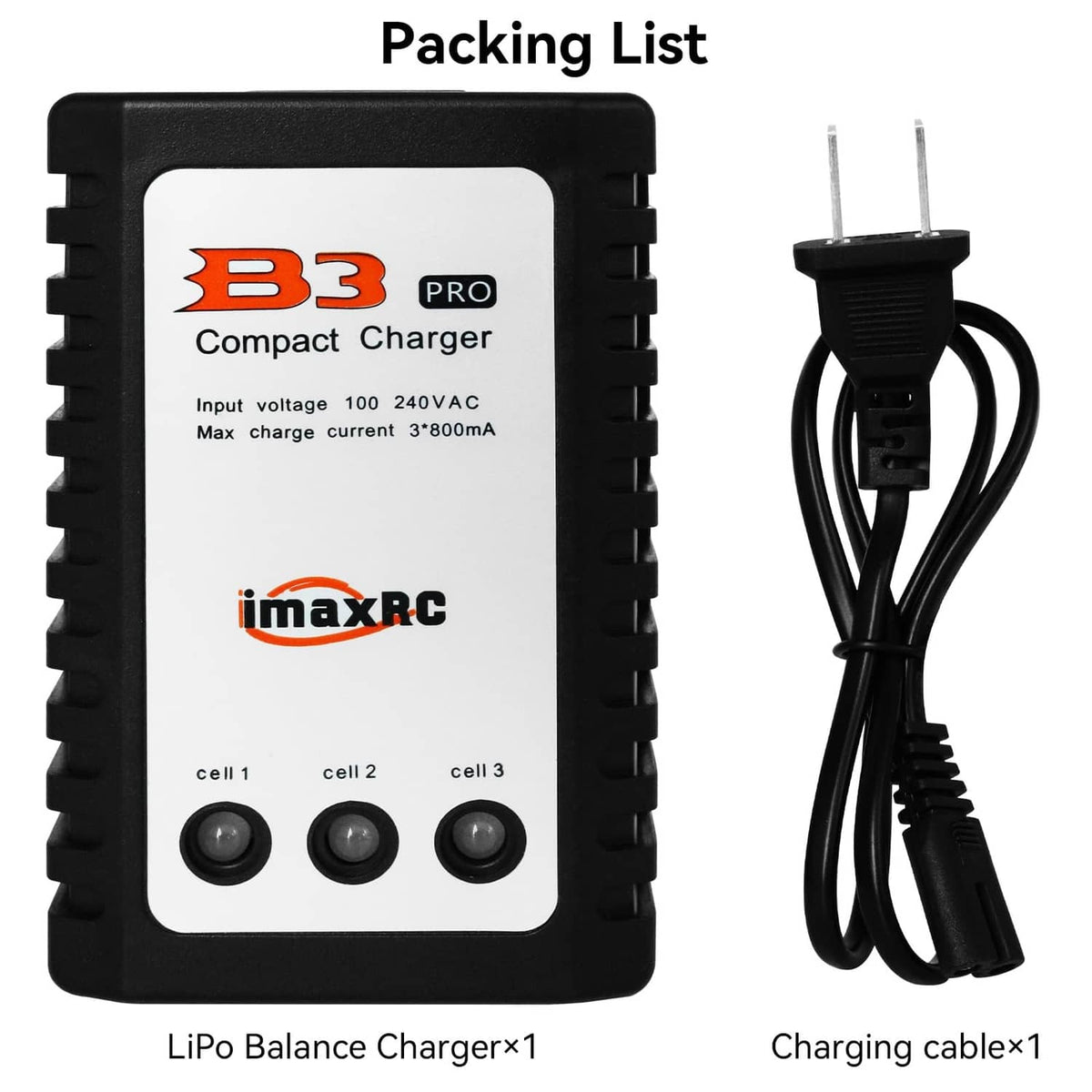 Black compact LiPo balance charger kit with AC power cable and three-cell indicator face