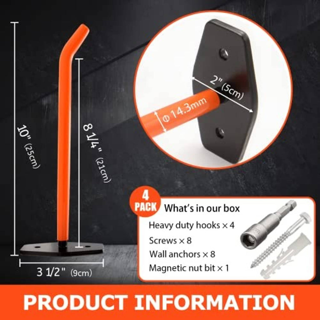 Orange curved wall hook arm kit with black brackets, screws, anchors, and nut bit