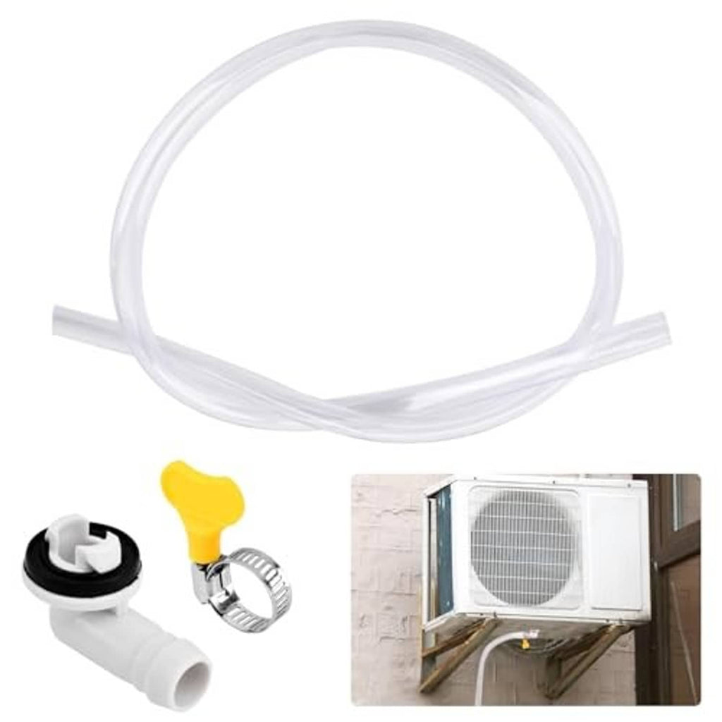 Transparent drain hose with white elbow fitting, yellow-handled connector, and clamp ring