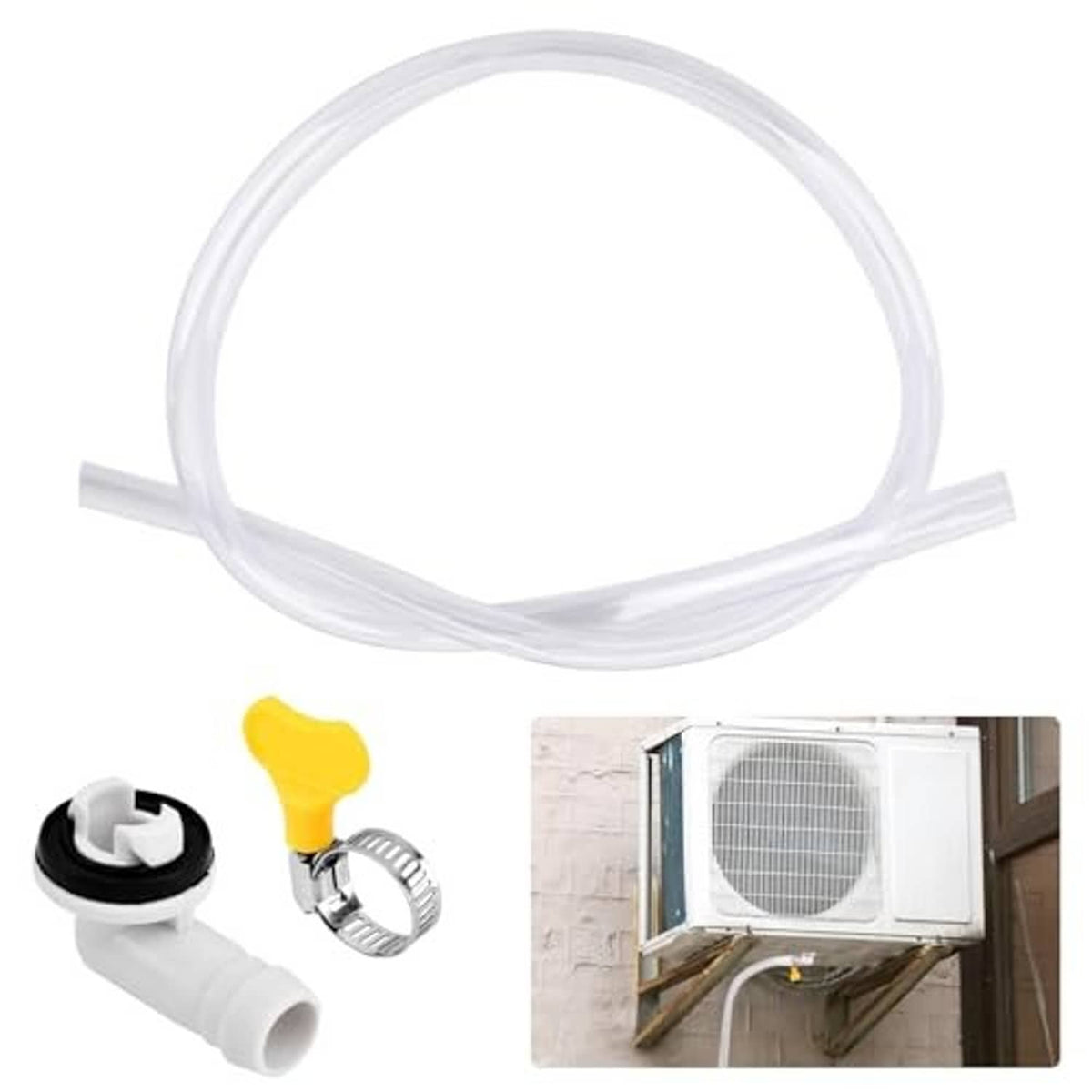 Transparent drain hose with white elbow fitting, yellow-handled connector, and clamp ring