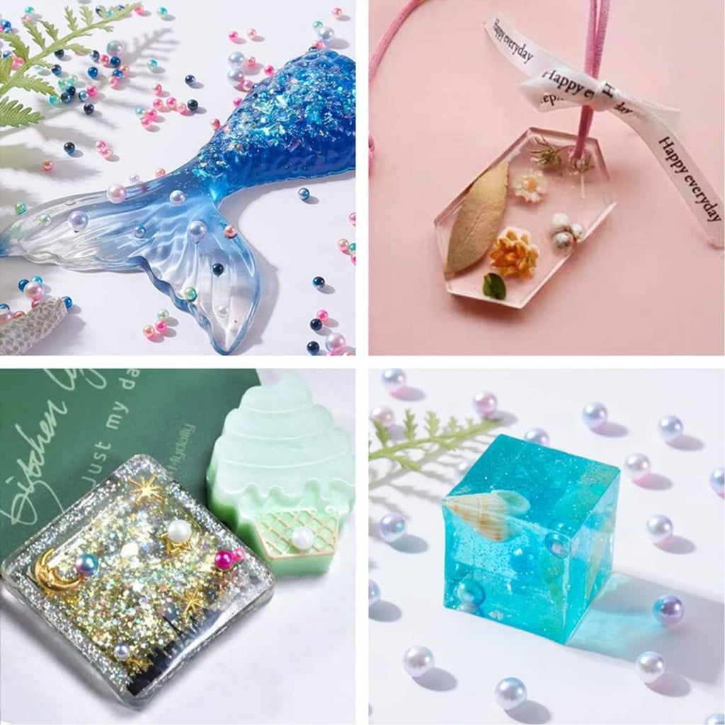 White pearl beads in craft scenes, scattered on slime and around DIY items