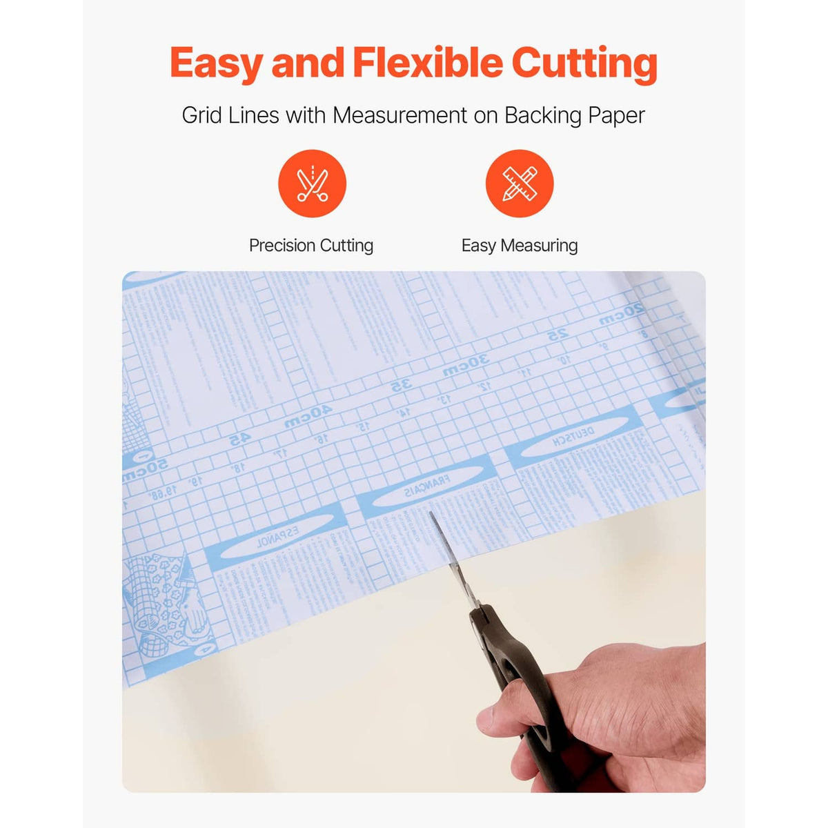 Self-adhesive wallpaper roll with backing grid lines for easy measuring and cutting