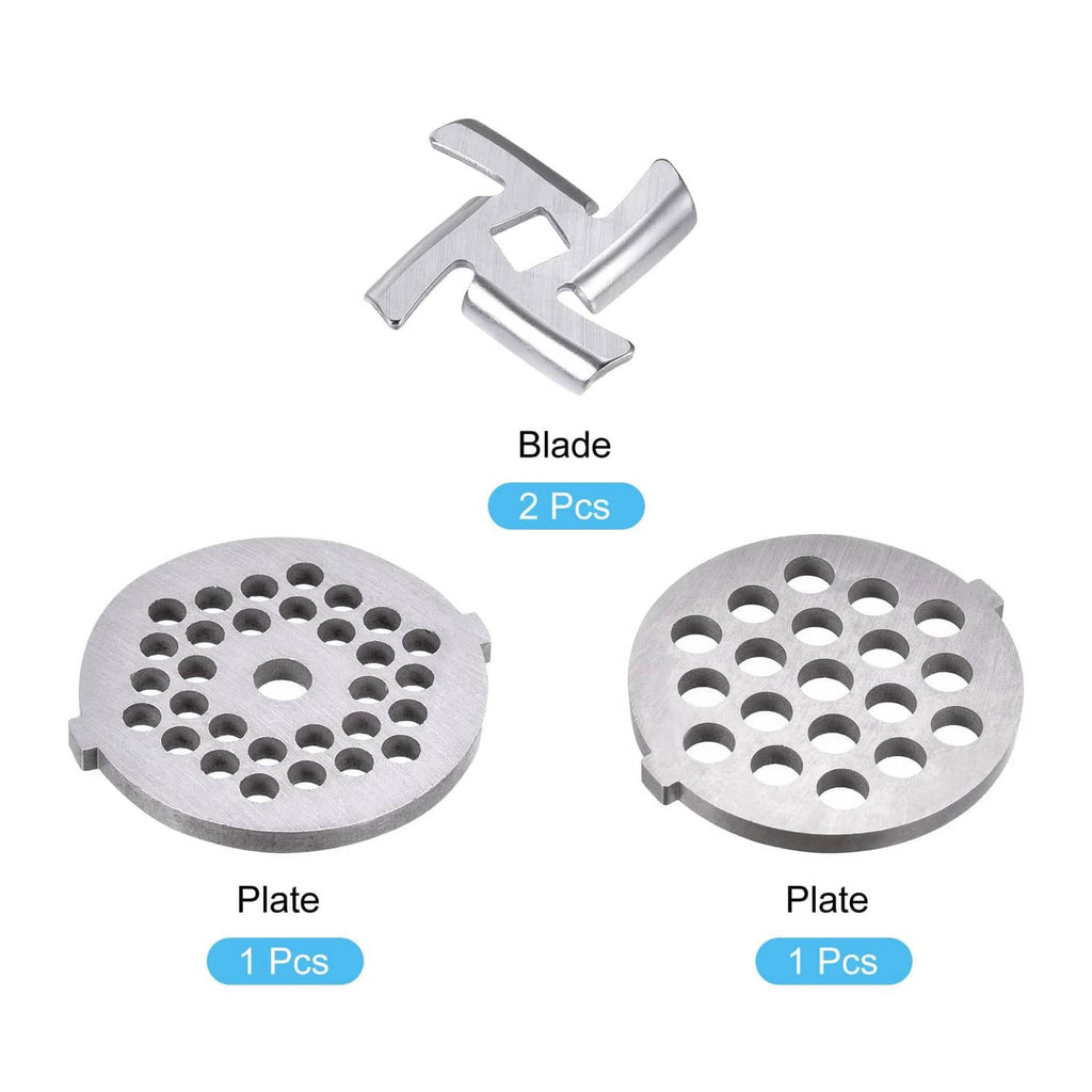Meat grinder replacement blade pair and perforated plates, shown as included pieces
