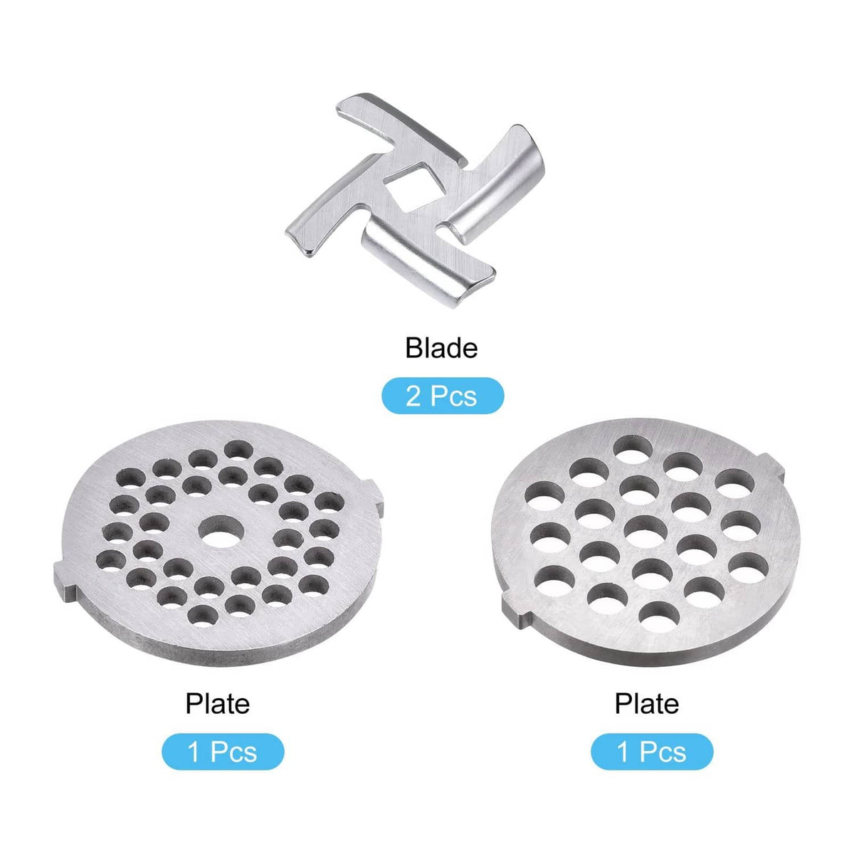 Meat grinder replacement blade pair and perforated plates, shown as included pieces