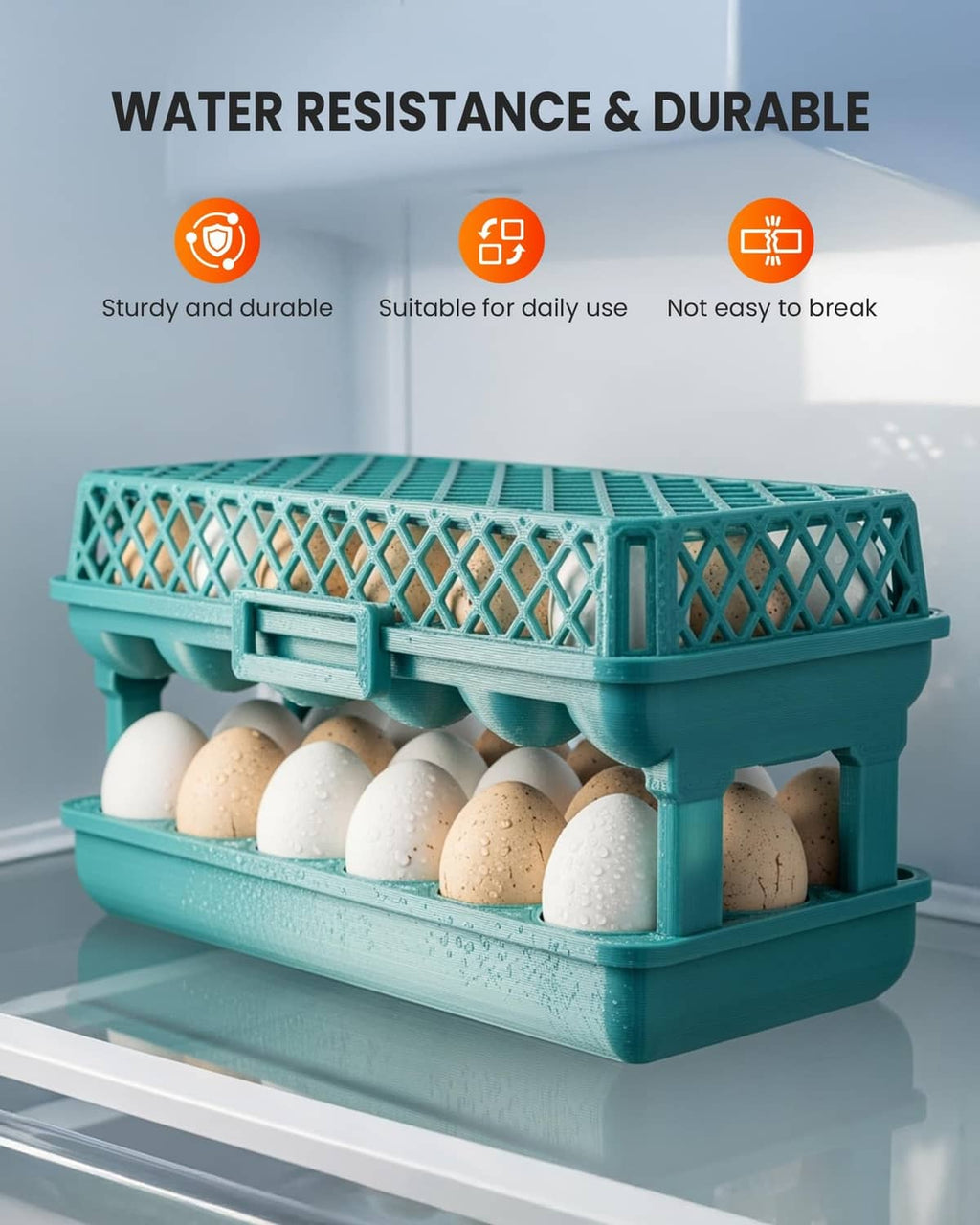 Turquoise PETG printed crate holding white eggs on a shelf
