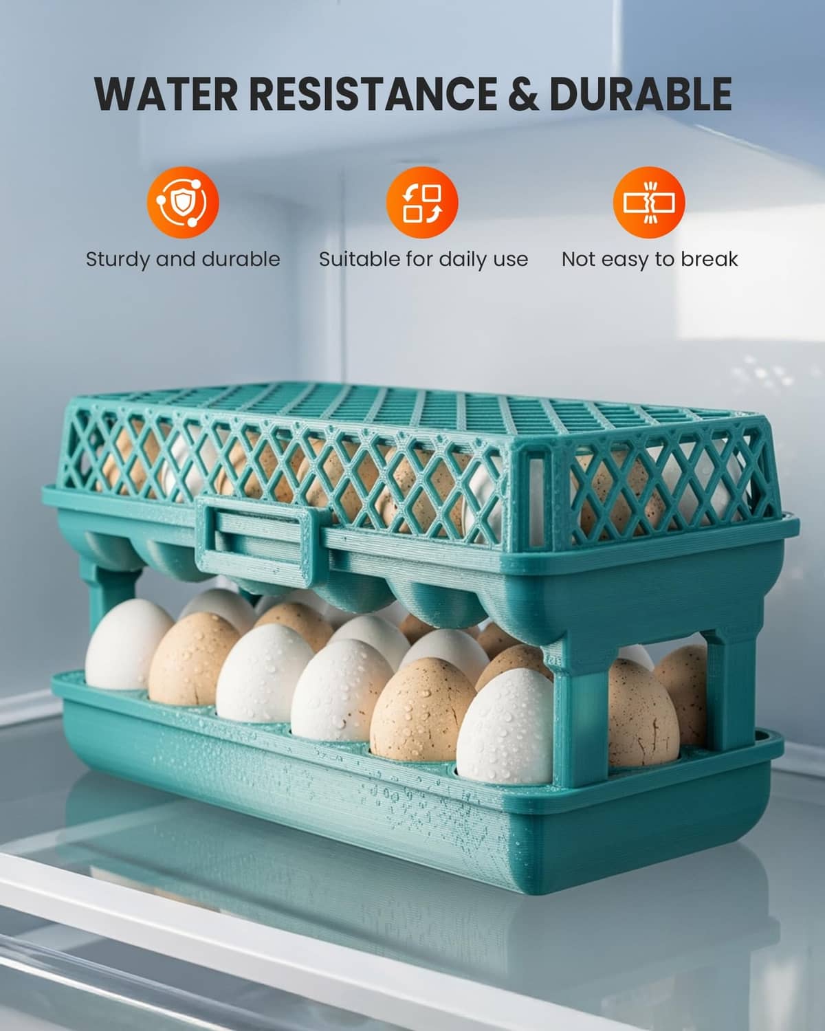 Turquoise PETG printed crate holding white eggs on a shelf