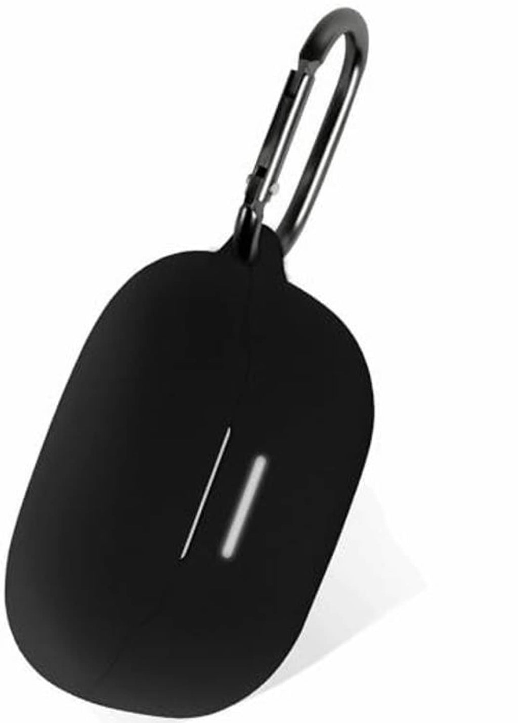 Black silicone earbud case with metal carabiner clip and narrow side access slots