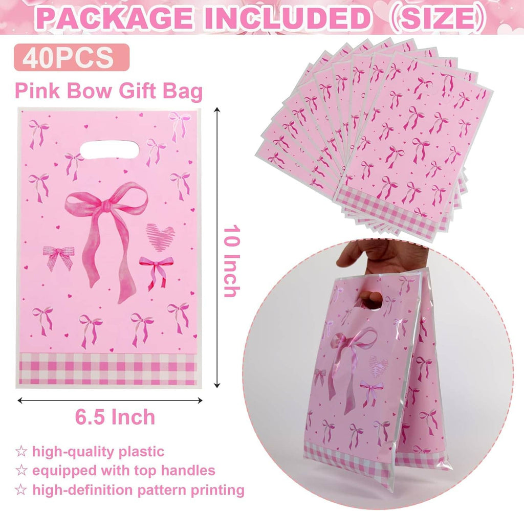 40-piece pink bow gift bag set in plastic with top handles and bow pattern