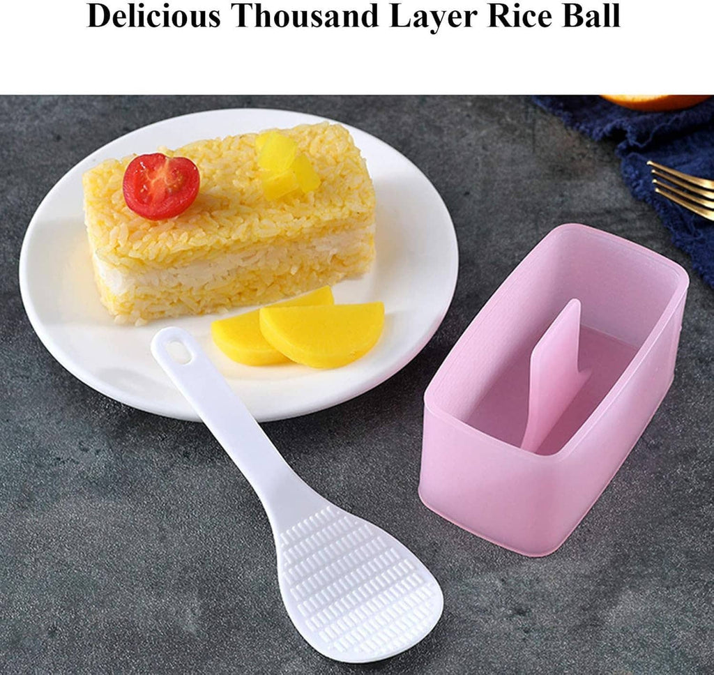 Triangle rice ball mold set with pink tray, yellow press mold, and white paddle