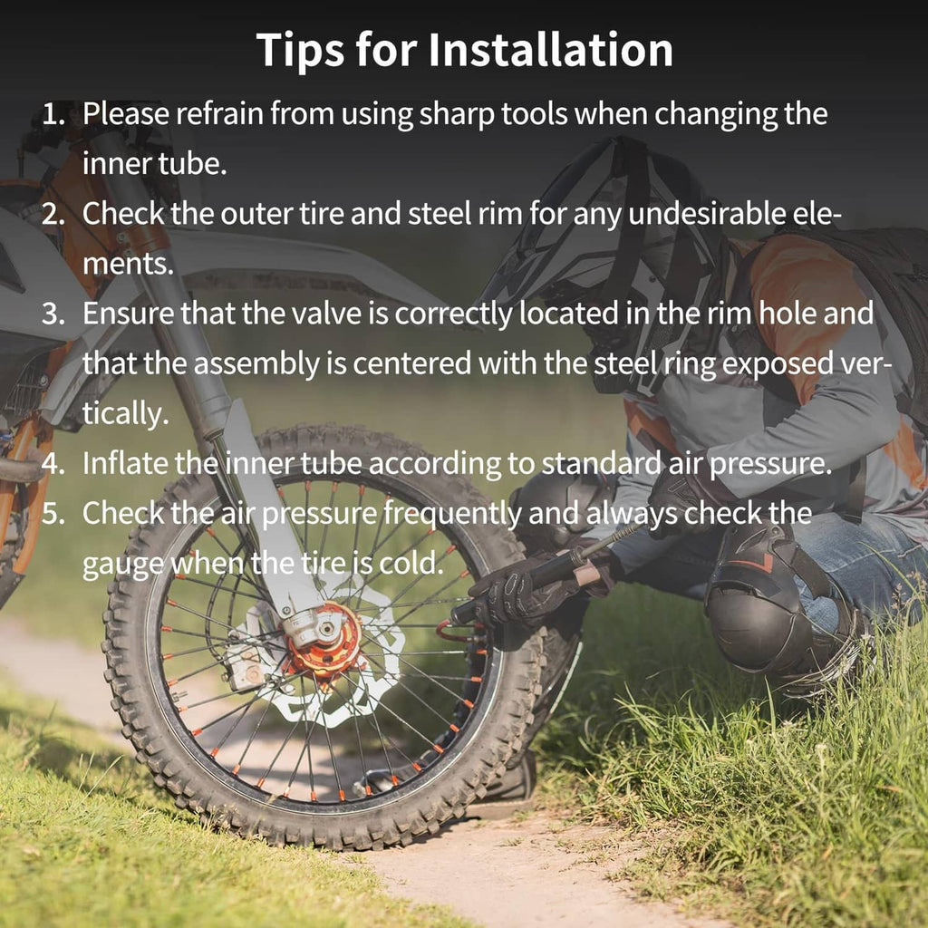 Tips for installing inner tube, dirt bike wheel shown with valve near rim area