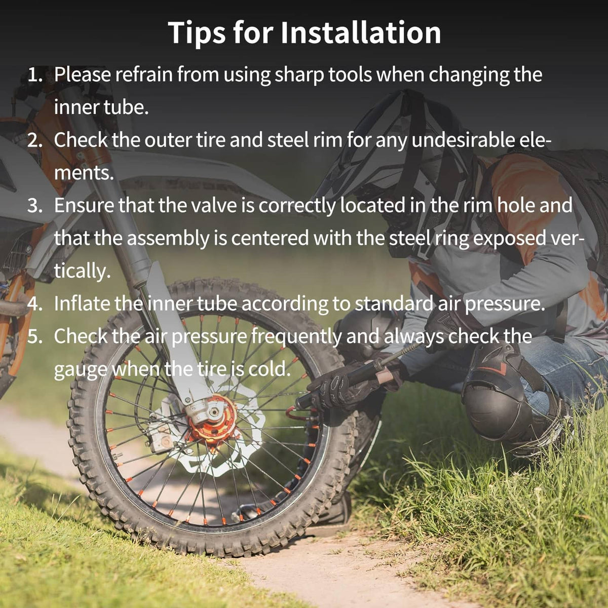 Tips for installing inner tube, dirt bike wheel shown with valve near rim area