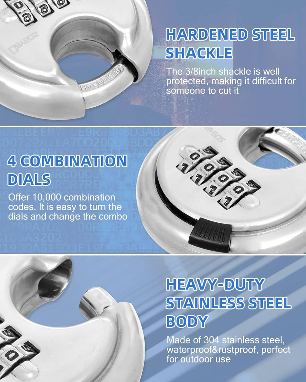 Silver heavy-duty stainless steel disc padlock with 4-digit combination dials