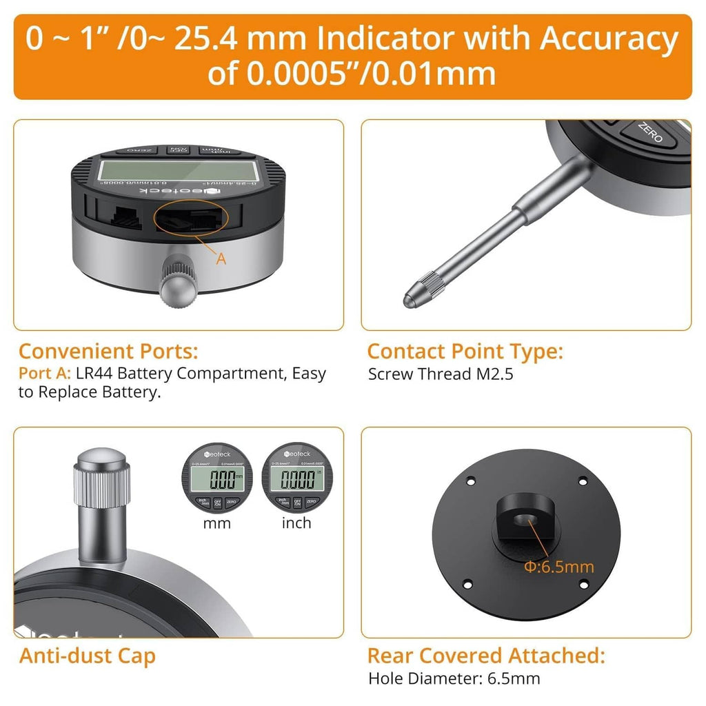 Compact digital dial indicator with dust cap, ports, and rear mounting hole