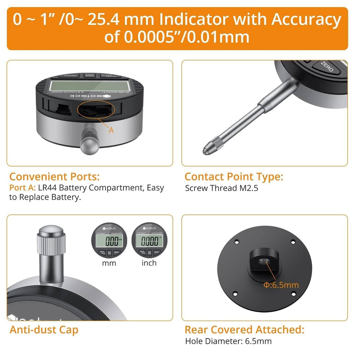 Compact digital dial indicator with dust cap, ports, and rear mounting hole