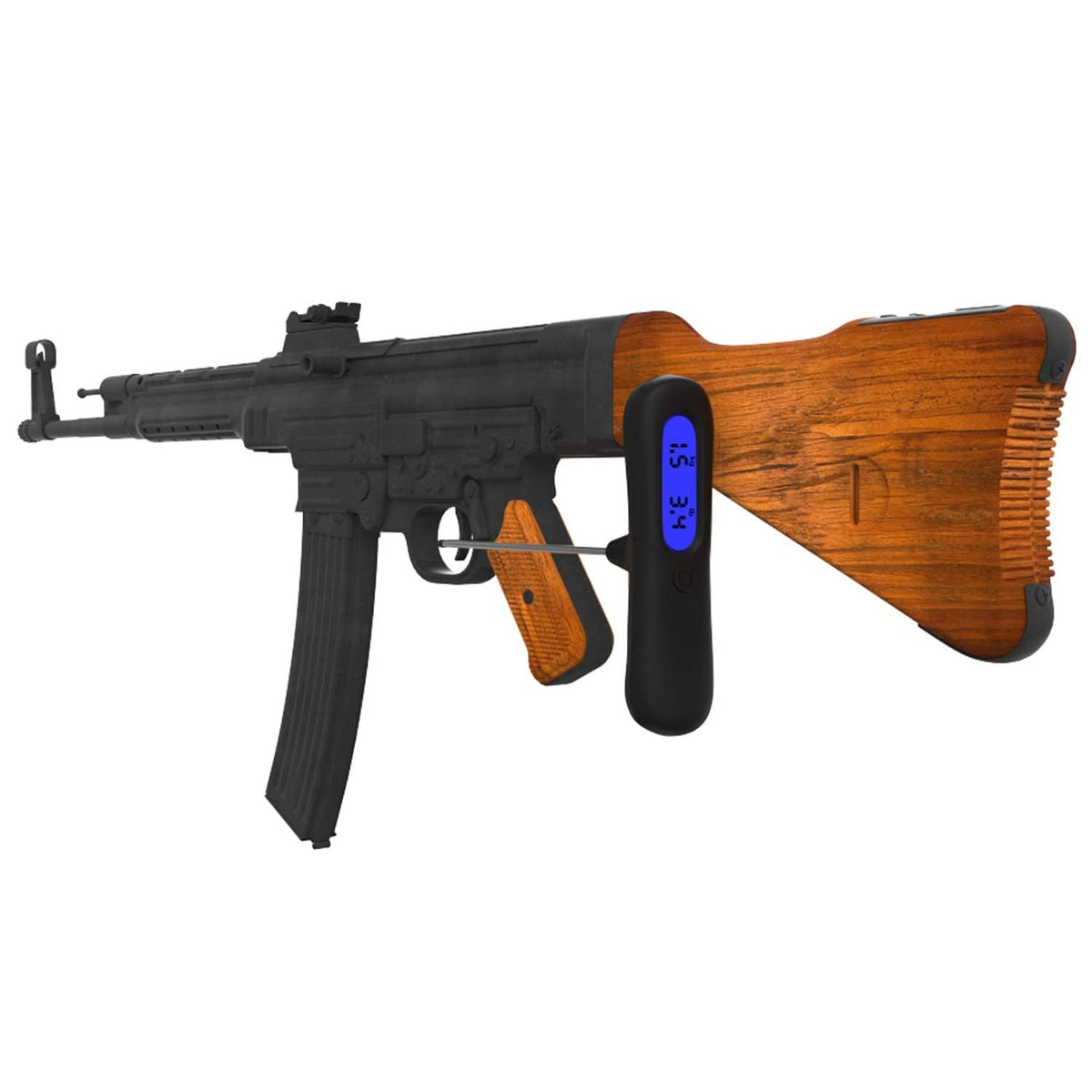 Digital trigger pull scale gauge with blue LCD display on trigger, black body