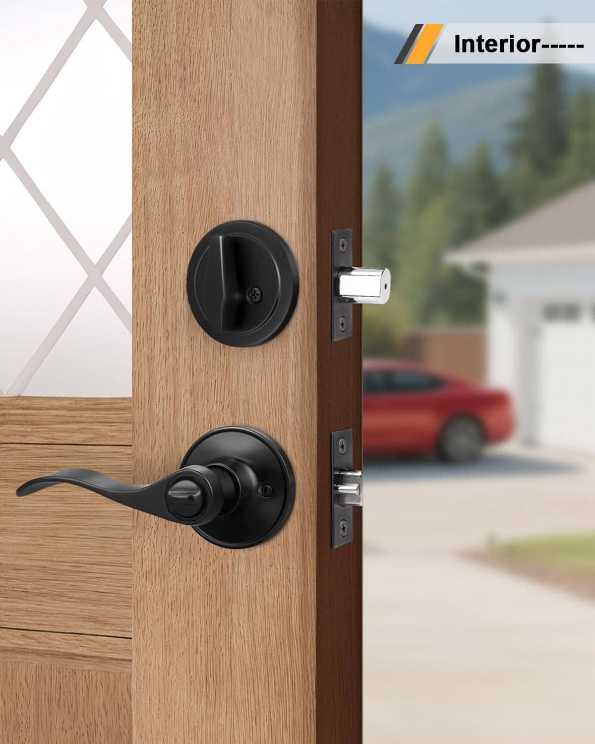 Matte black door lever lockset with interior thumb-turn and exterior lever handle