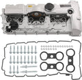 Aluminum engine valve cover kit with gasket seals and bolts, silver and black