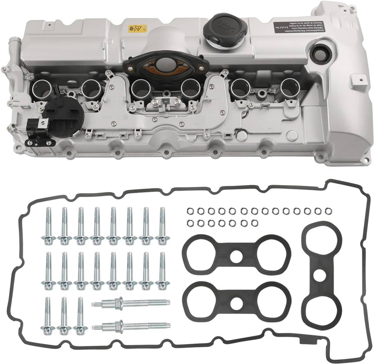 Aluminum engine valve cover kit with gasket seals and bolts, silver and black