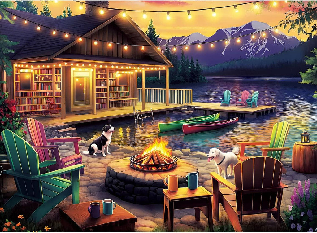 Jigsaw puzzle artwork with bonfire ring, dog near camp, lantern-lit patio table and chairs