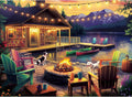 Jigsaw puzzle artwork with bonfire ring, dog near camp, lantern-lit patio table and chairs