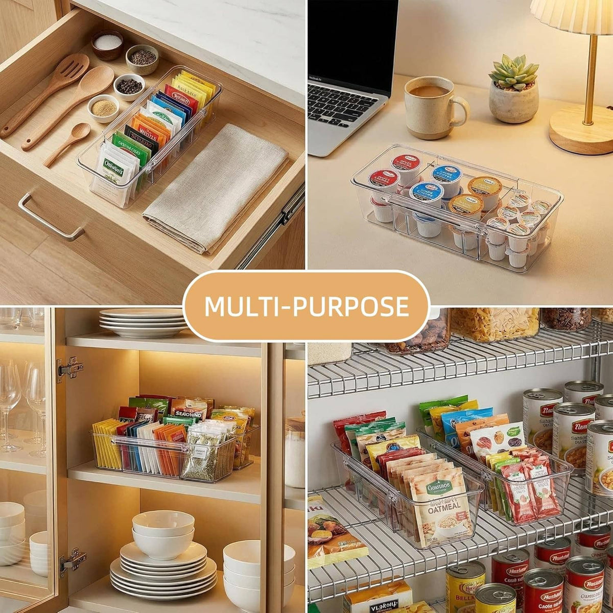 Clear acrylic organizer tray used in a kitchen drawer, holding tea packets and containers