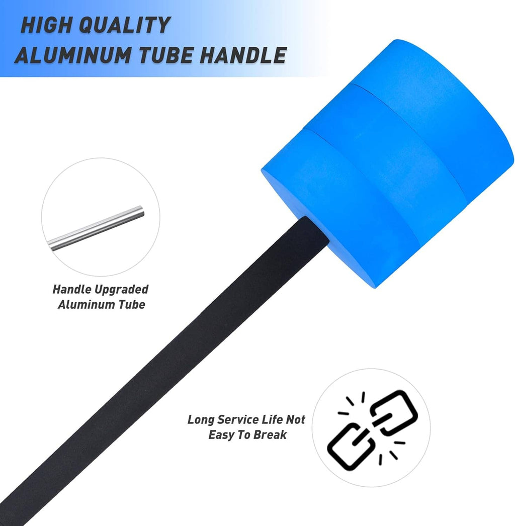 Foam-covered water dumbbell with black handle and blue padded end weights, close-up