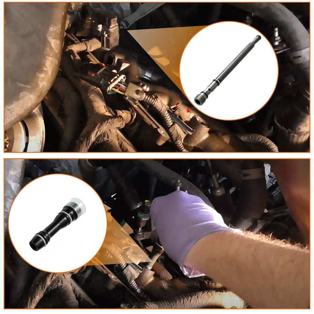 Fuel stand pipe dummy plug kit being installed in an engine compartment