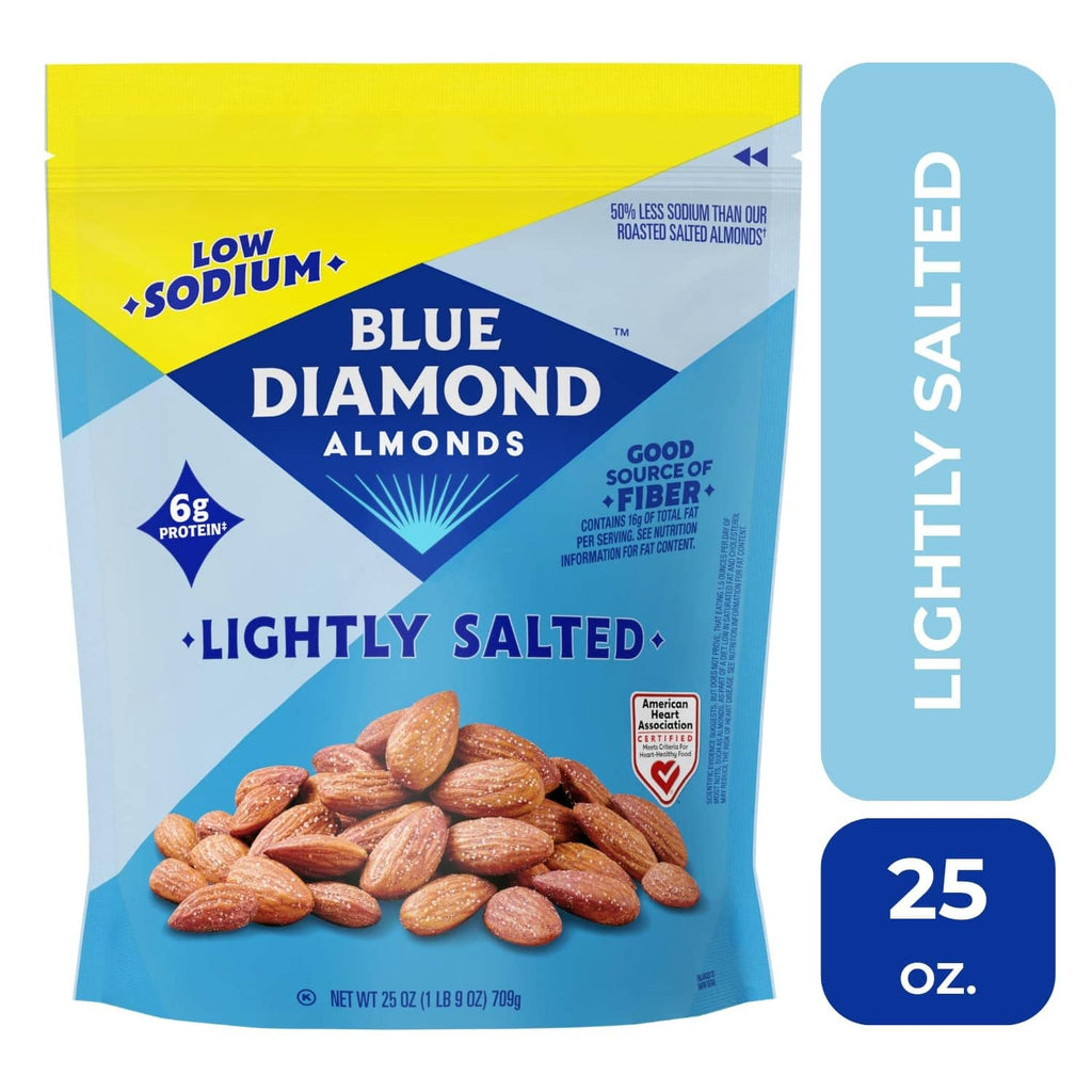 Blue Diamond lightly salted almonds bag showing 25 oz and a pile of roasted almonds