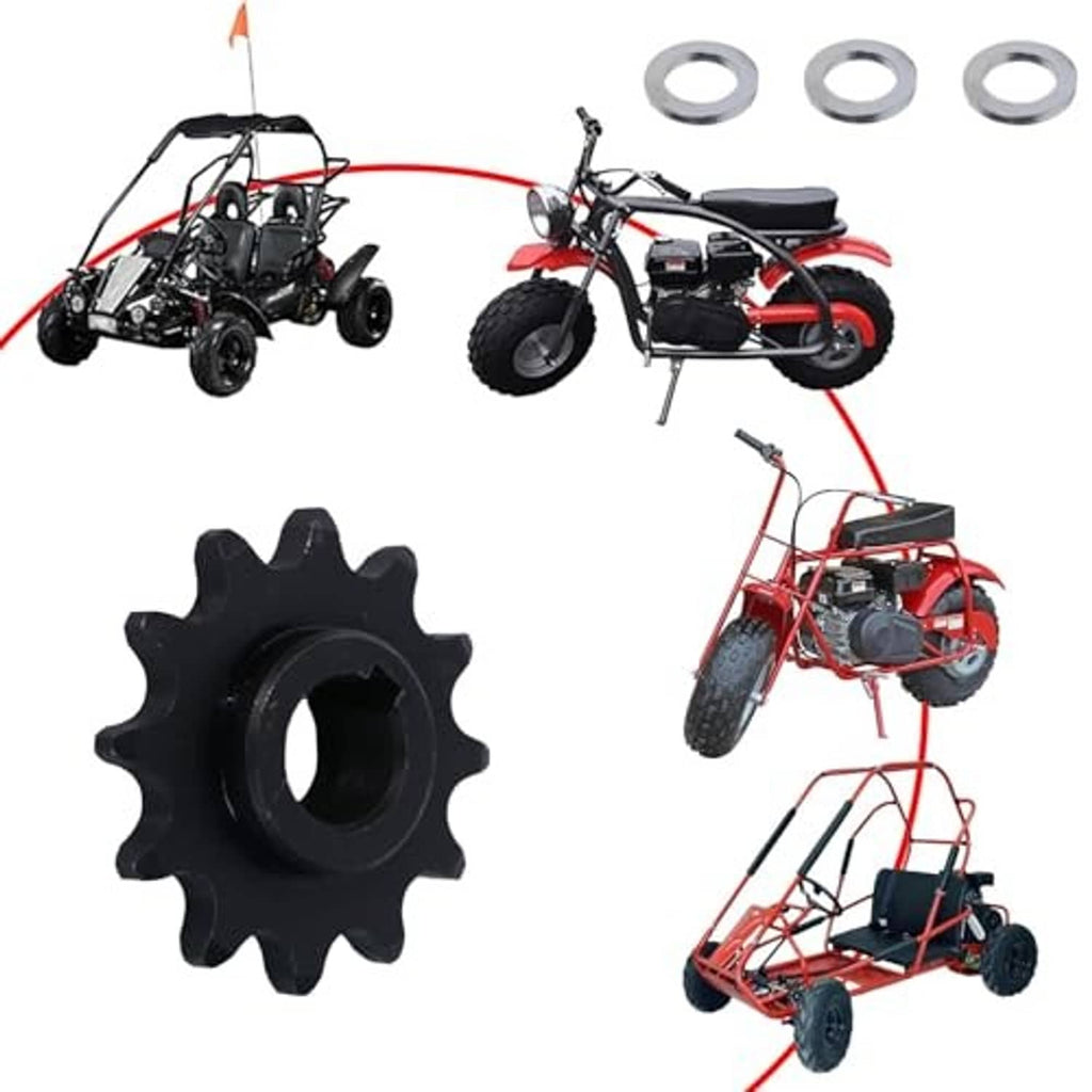 Black sprocket gear with spacer washers included, centered bore for shaft mounting.
