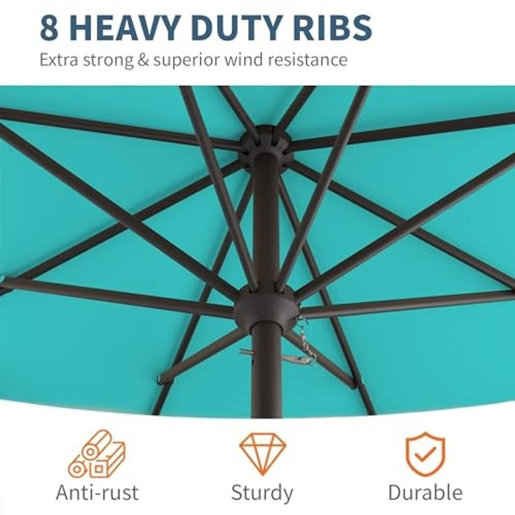 Close-up of teal umbrella canopy with black heavy-duty support ribs