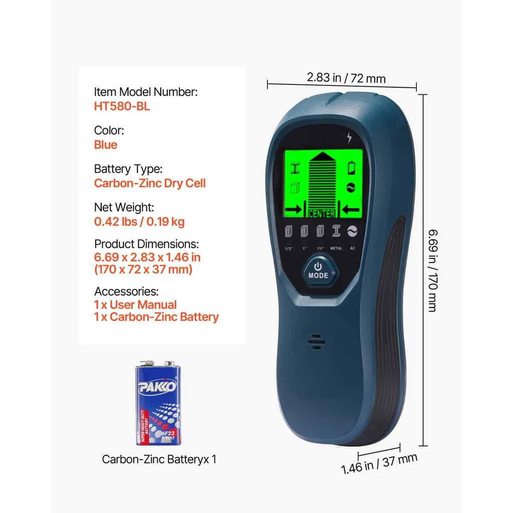 Blue electronic wall scanner with LCD display and included carbon-zinc battery