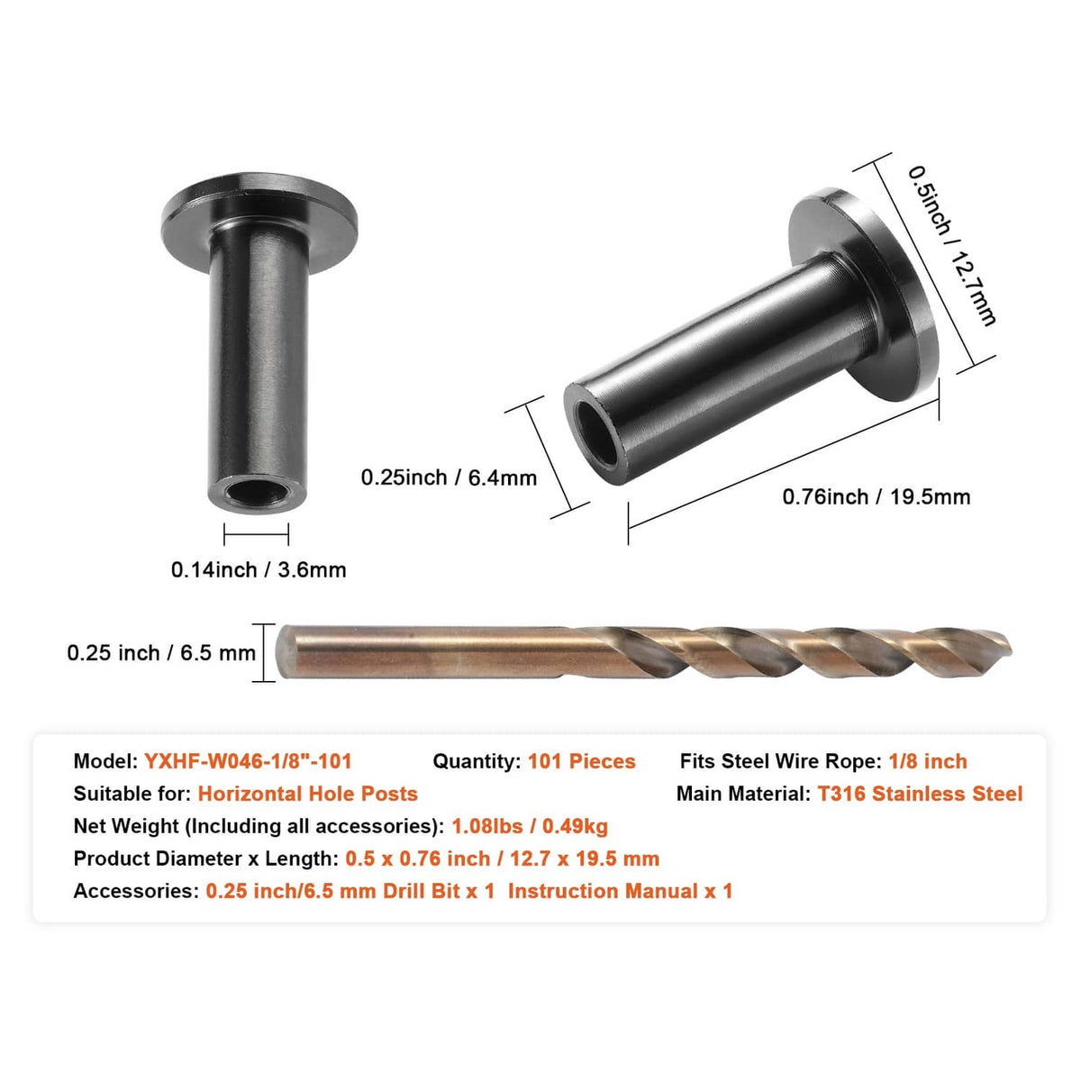 Two-piece stainless steel wire rope protector sleeves set with measurements and drill bit