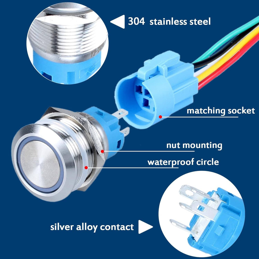 Stainless metal latching push button switch with threaded body and blue connector
