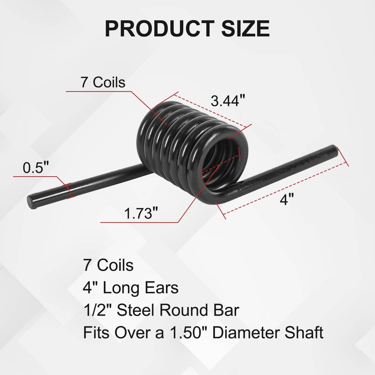Black torsion ramp spring with coiled spring body and two straight mounting bars