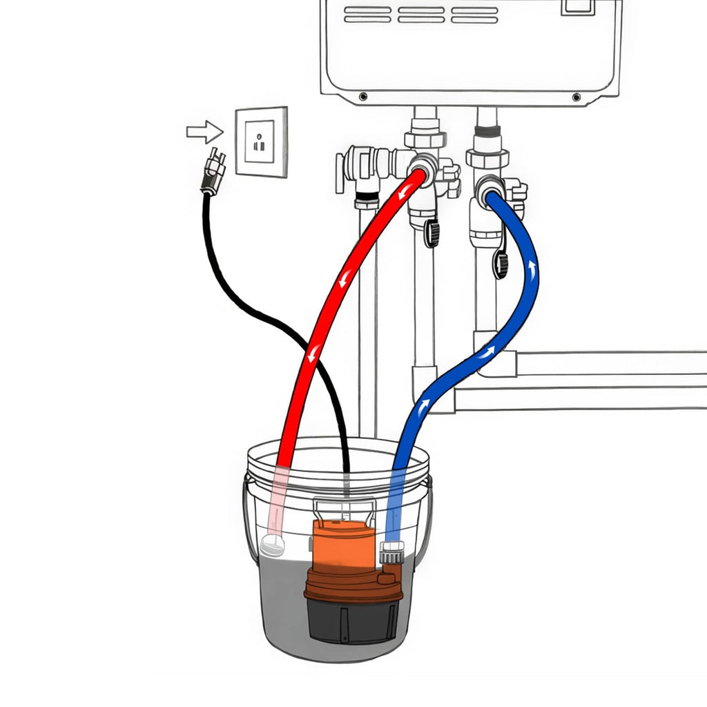 Tankless water heater flushing descaling kit with pump, bucket, and red/blue hoses