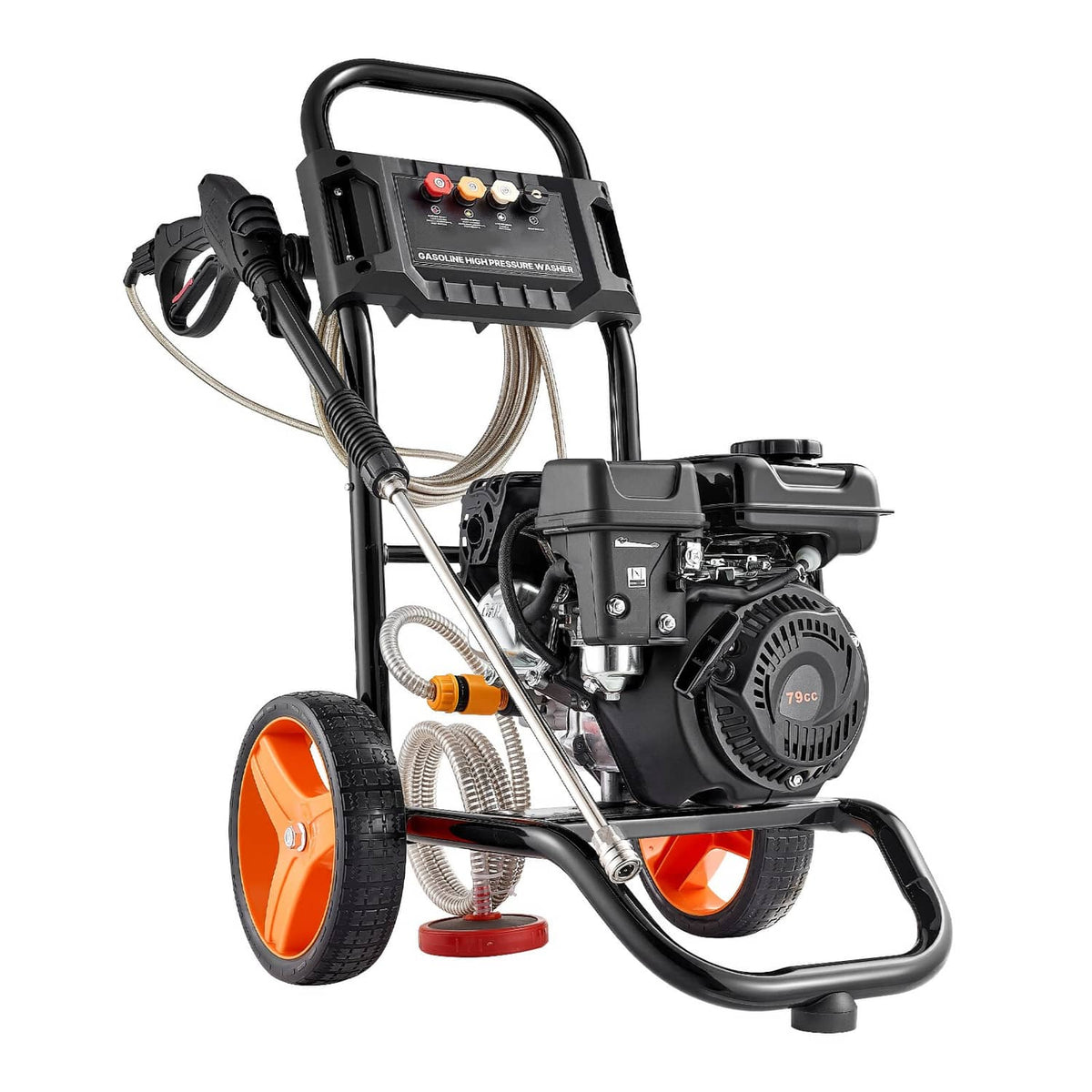 Gas pressure washer three-quarter view with spray gun, hose, and orange wheels