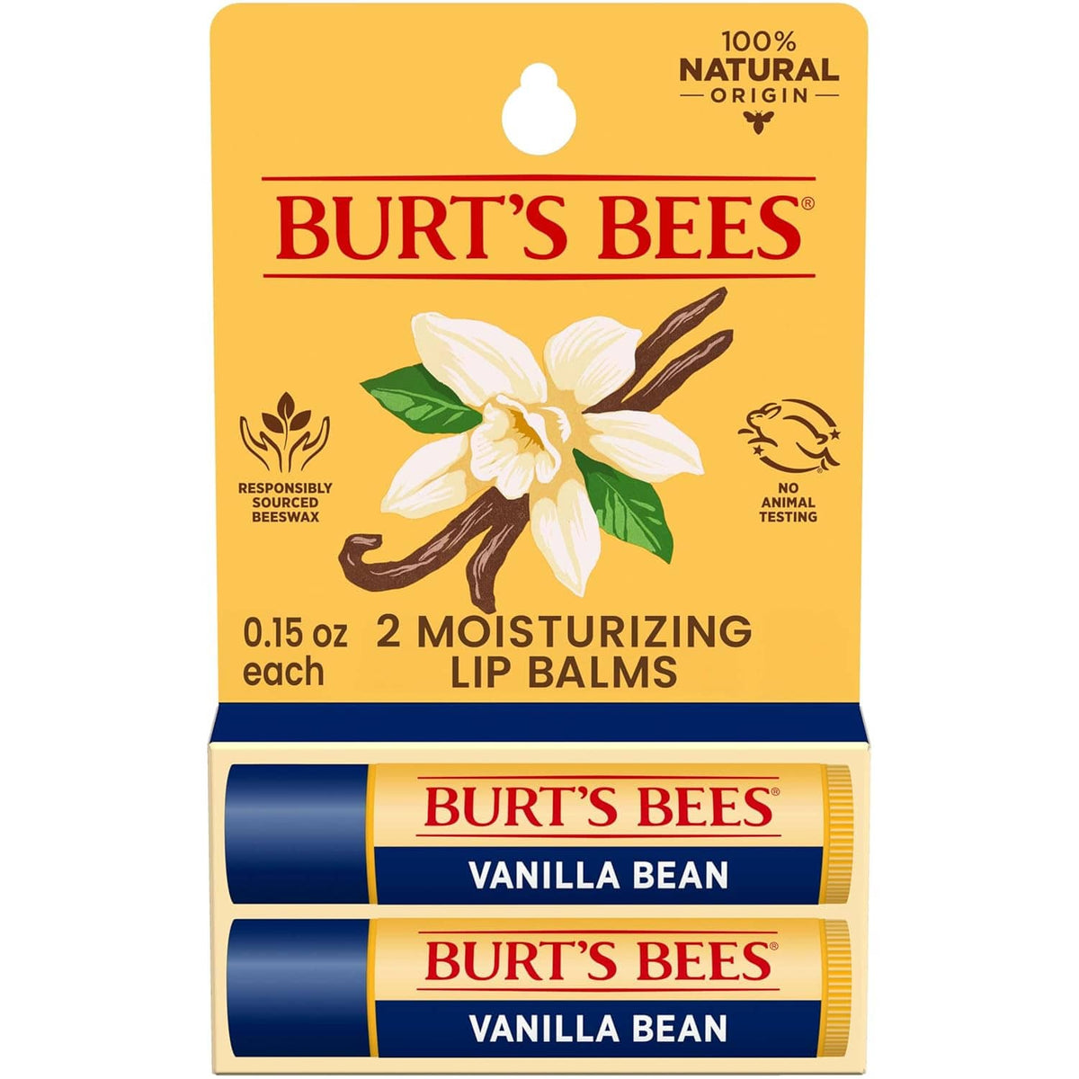 Burt's Bees vanilla bean moisturizing lip balm set, two sticks in display box